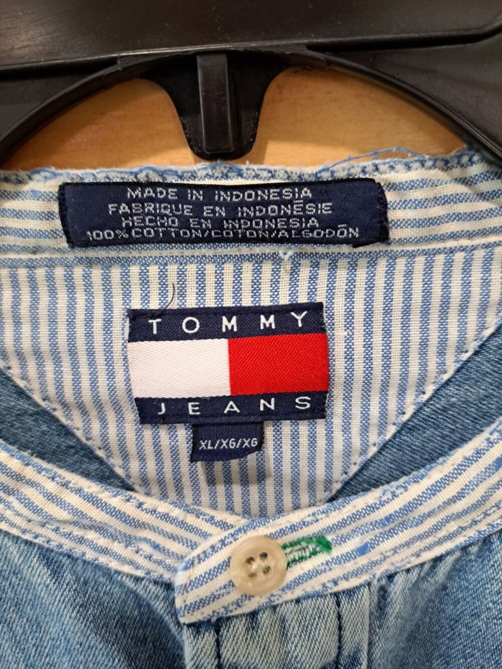Vtg 90's Tommy Jeans Band Collar Denim Shirt XL Men's Logo Embroidery Button - Picture 4 of 14